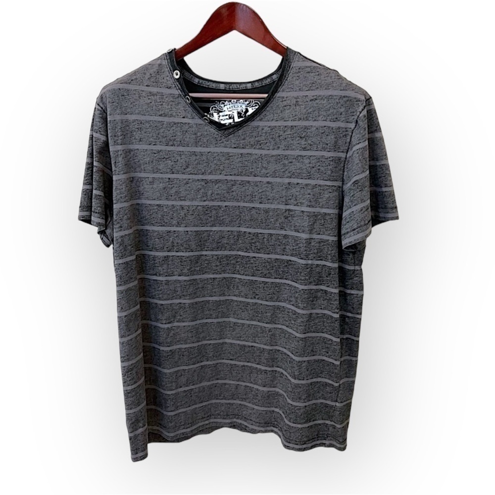 Helix single stitch Striped grey tshirt,short slv, released hem,button detail